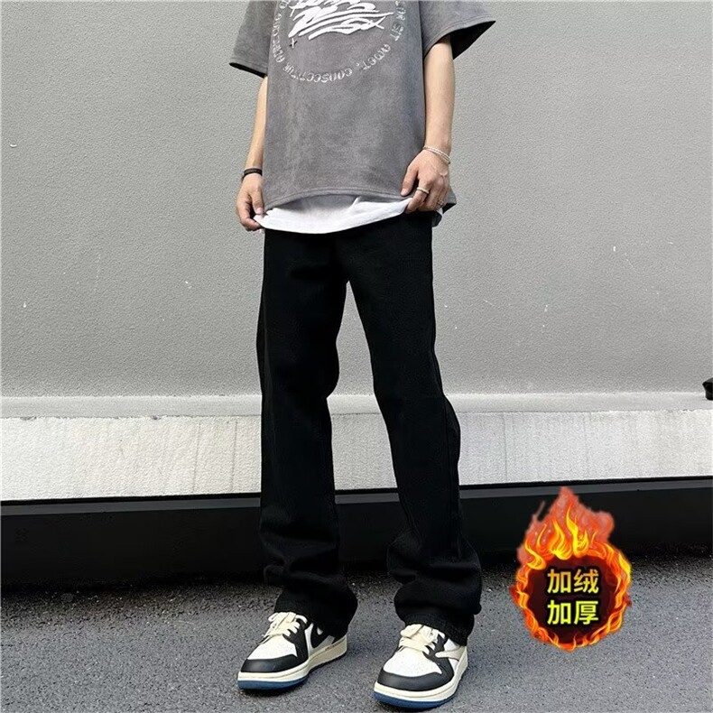 加绒 牛仔裤男韩版暗黑2024冬新款ins长裤RK1241-常规36-加绒P46图片