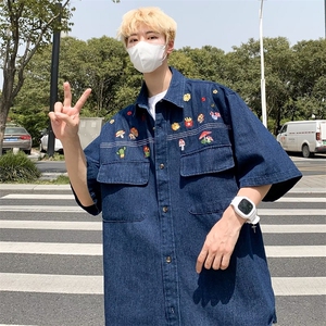日系复古做旧水洗牛仔衬衫男女夏季新款古着情侣上衣短袖ins图片