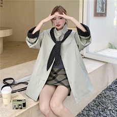 设计感小众格纹拼接风衣外套女春秋新款法式漂亮休闲小个子大衣潮，女装风衣，悠米