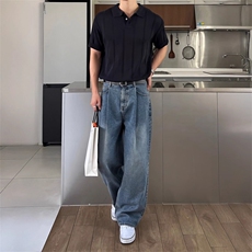 休闲美式覆古掐褶水洗牛仔裤男夏季薄款潮流百搭宽松阔腿直筒长裤，女装休闲裤，星座1210-1