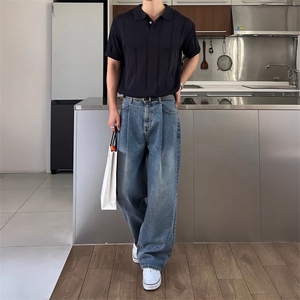 休闲美式覆古掐褶水洗牛仔裤男夏季薄款潮流百搭宽松阔腿直筒长裤图片