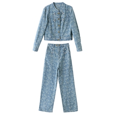 提花时髦牛仔时尚套装女早秋休闲显瘦气质外套干练女神减龄两件套，女装套装/套裙，伊仟回