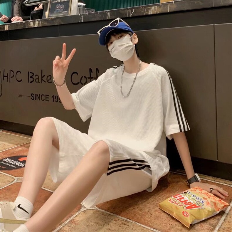 夏季韩版潮流薄冰丝条纹短袖t恤男士款宽松运动套装T901-P33,男装休闲套装,星座512-2