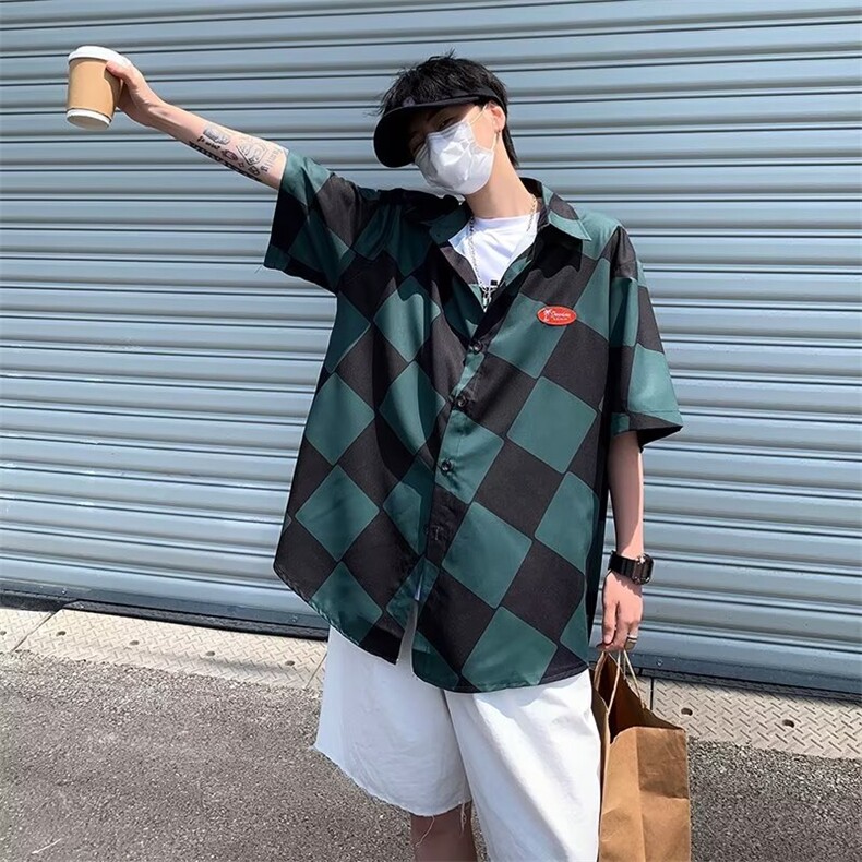 夏季宽松时尚休闲大码衬衫格子短袖开衫C61p29,男装衬衫,星座1013