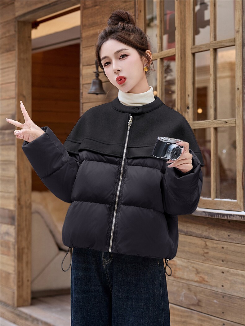 设计感气质毛呢拼接羽绒服女2025冬季新款短款外套减龄,女装羽绒服,玖莱伊