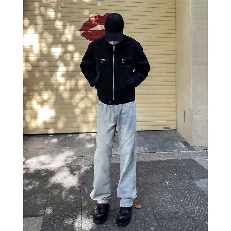 不规则设计感直筒牛仔裤男士痞帅炸街时尚阔腿水洗老爹裤子,男装牛仔裤,星座410-7