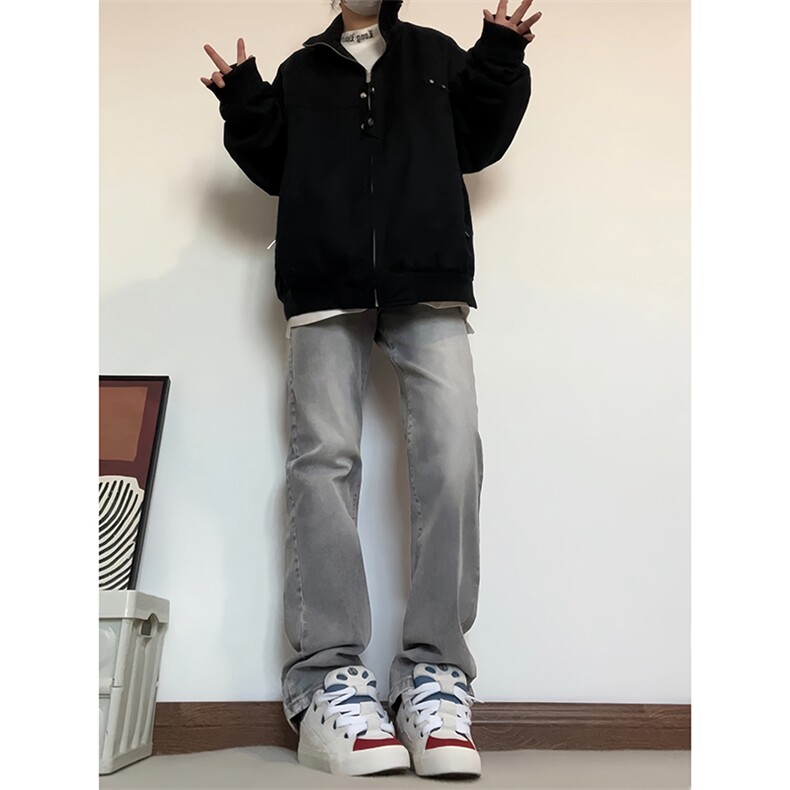 B221美式高街水泥灰弹力直筒牛仔裤LK24146-P60控79 加绒P70控99图片