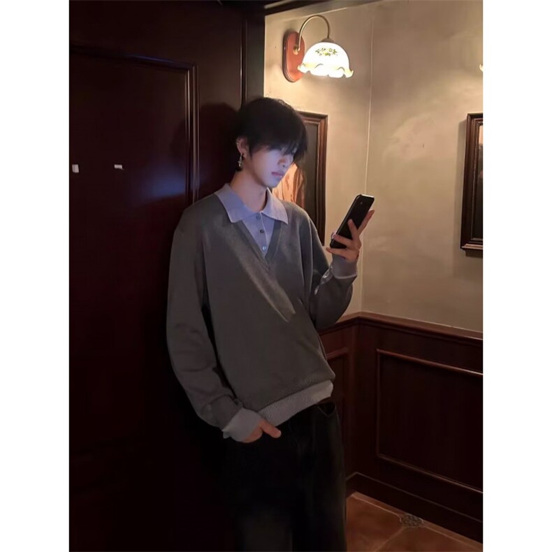 MM304-P56美式潮牌港风拼色长袖Polo领假两件宽松毛衣,男装针织衫/毛衣,星座617A-2