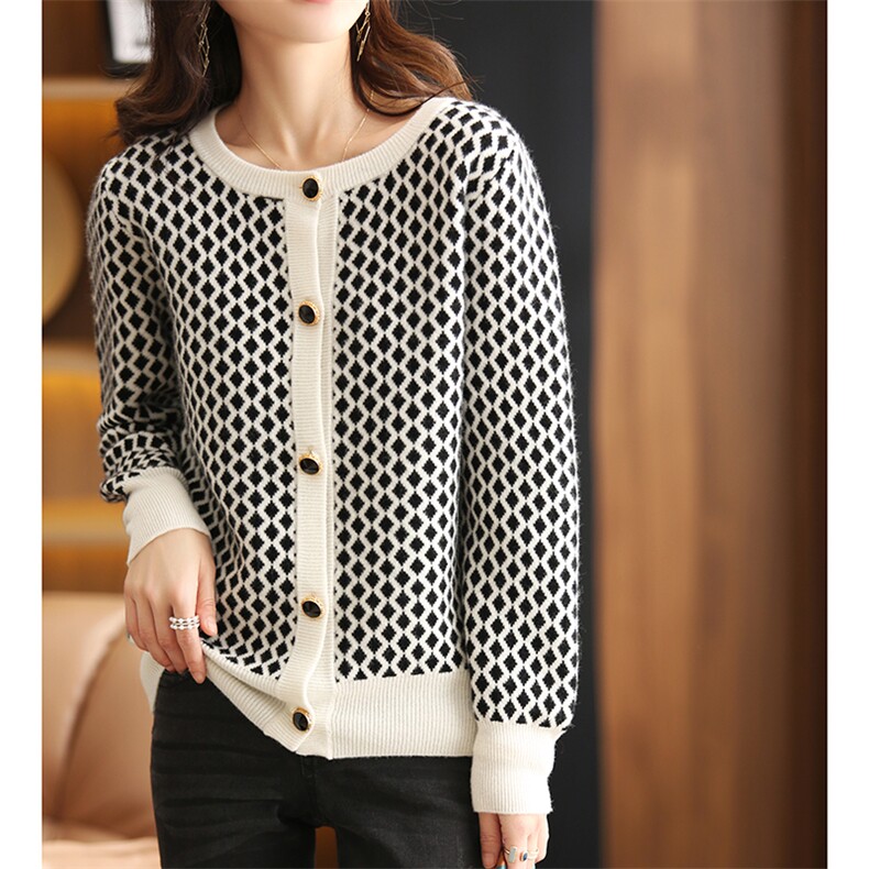 秋冬季新款菱形格子羊毛衫女短款长袖针织开衫圆领修身显瘦，女装羊毛衫，蒙特羊绒