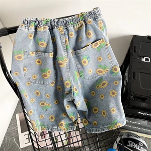 夏季ins小雏菊印花牛仔短裤男女韩版宽松痞帅五分直筒裤DK5055-40图片