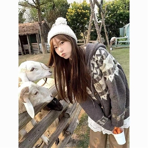 重磅秋冬北极绒开衫毛衣美式复古休闲慵懒风牛角扣针织衫连帽外套