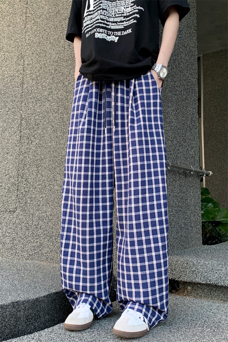 泡泡纱透气蓝色格子休闲裤YK313特批28面料：棉%聚酯纤维75%,男装休闲裤,电商A429