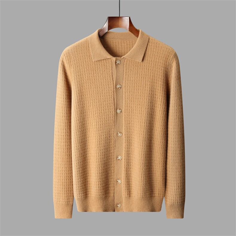 2025秋冬百搭时尚简约翻领小方格系扣开衫针织衫，男装羊绒套衫，盛欣羊绒