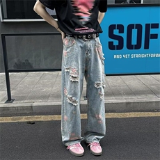 美式高街破洞牛仔裤男女韩版潮流百搭2026夏季ins长裤RK2914-P49，男装牛仔裤，星座412-3