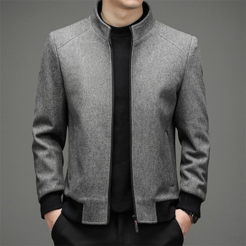 羊毛呢外套男春秋新款宽松休闲中年男士呢子立领夹克衫上衣，男装毛呢大衣，钱塘6003（原4033）