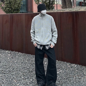 抖音得物 保暖立领拉链针织外套秋冬宽松慵懒风纯色毛衣上衣AM02图片