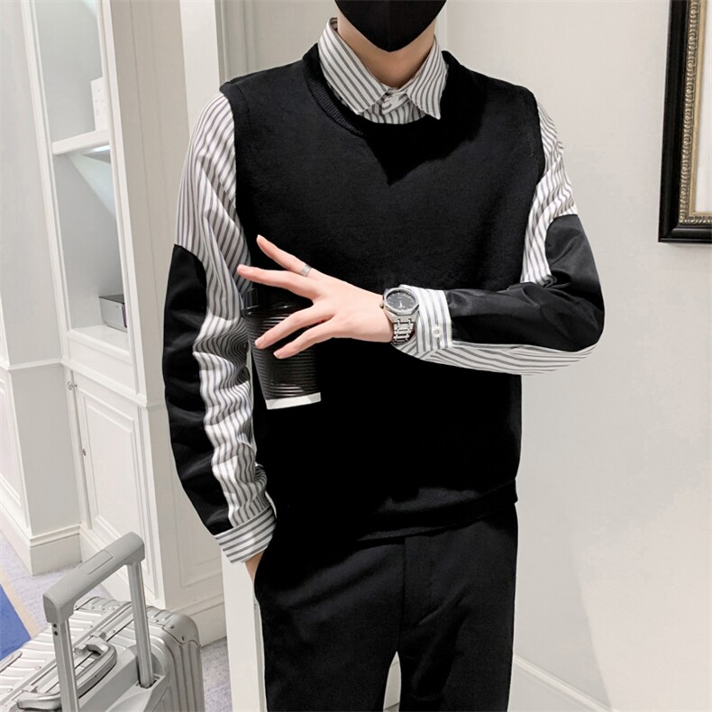 假两件针织衫男2024冬季新款休闲潮流衬衫领长袖男士条纹毛衣Q801,男装针织衫/毛衣,星座1116A-2（原606A-1）