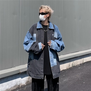美式拼接牛仔衬衫男女秋季新款拼色潮牌宽松休闲夹克外套JK3328-1图片
