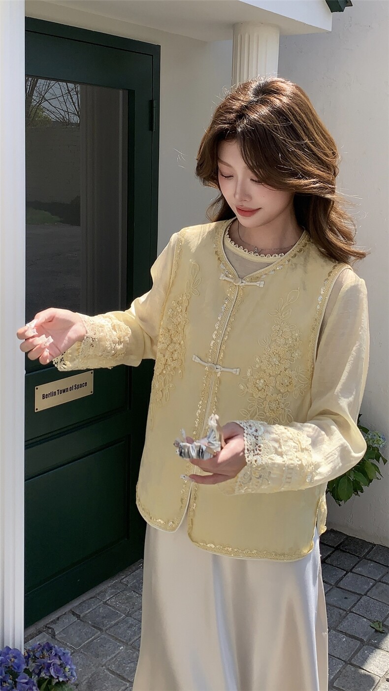 高端亚麻提花刺绣国风马甲女2025春夏新款高级感气质上衣钉珠衬衫,女装马甲,浙宝208A