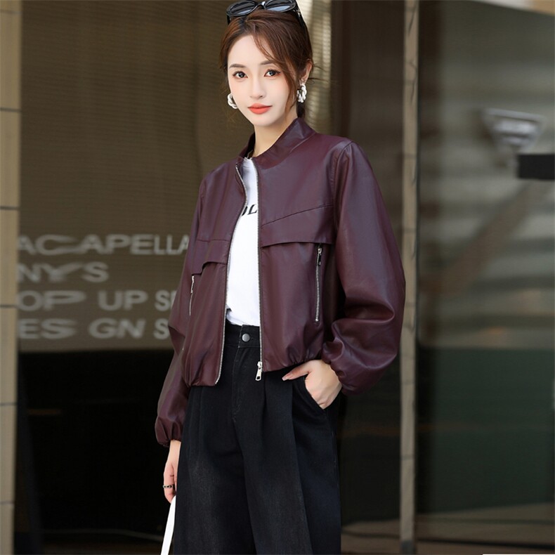2024新款秋宽松显瘦休闲皮衣夹克中古机车立领外套女红夹克,女装皮衣,欧兰熙