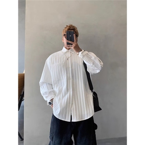 春夏款韩版时尚男士宽松纯色条纹网纱透视衬衫气质青年中性防晒衣图片