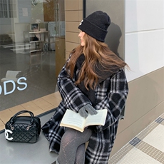 韩版格子拼接慵懒风双面羊毛大衣女2025秋冬季新款显瘦两面穿外套，女装毛呢外套，韩然一族