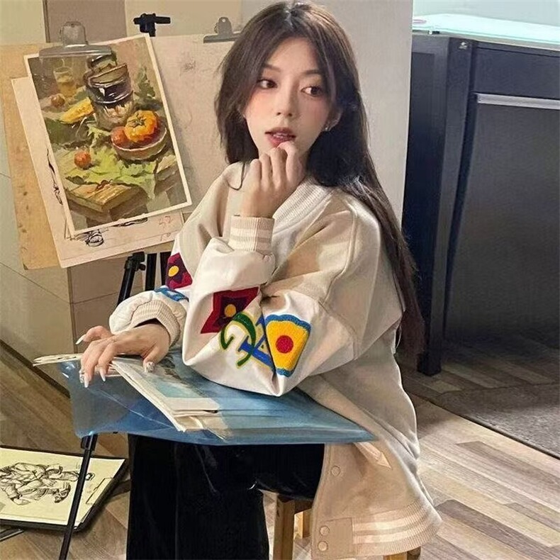 1506-1/JA221/P77美式碎花毛巾绣植绒夹克杏色单排扣棒球服男女图片