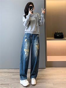 高级感时尚潮流套装女春新款修身显瘦圆领刺绣上衣牛仔长裤两件套图片