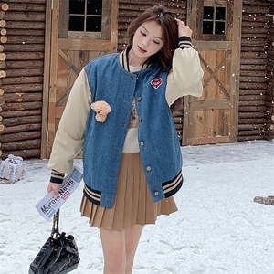 雪景 牛仔加棉棒球服外套（玩偶可拆卸）显瘦百搭时尚图片