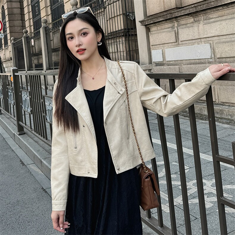 【春装现货】美拉德网红风格皮衣修身减龄外套2024年春季,女装皮衣,江南女神