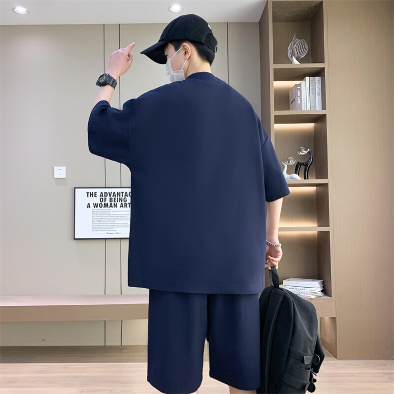 港风套装男休闲宽松冰丝青年圆领短袖T恤短裤两件套-JZ503-P51,男装牛仔裤,星座310B