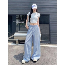 2025新款格子裤子女夏高腰休闲宽松直筒冰丝山本阔腿裤K6581-P43，男装休闲裤，星座412-1