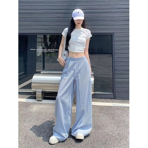 2025新款格子裤子女夏高腰休闲宽松直筒冰丝山本阔腿裤K6581-P43图片
