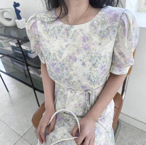 真丝皱雪纺飘逸水印印花显瘦收腰连衣裙，女装连衣裙，欧尼蒂