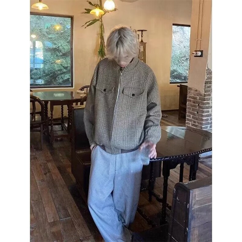 XX20-P70秋冬美式复古千鸟格双层外套时尚痞帅高级感休闲潮牌,女装短外套,电商B323A