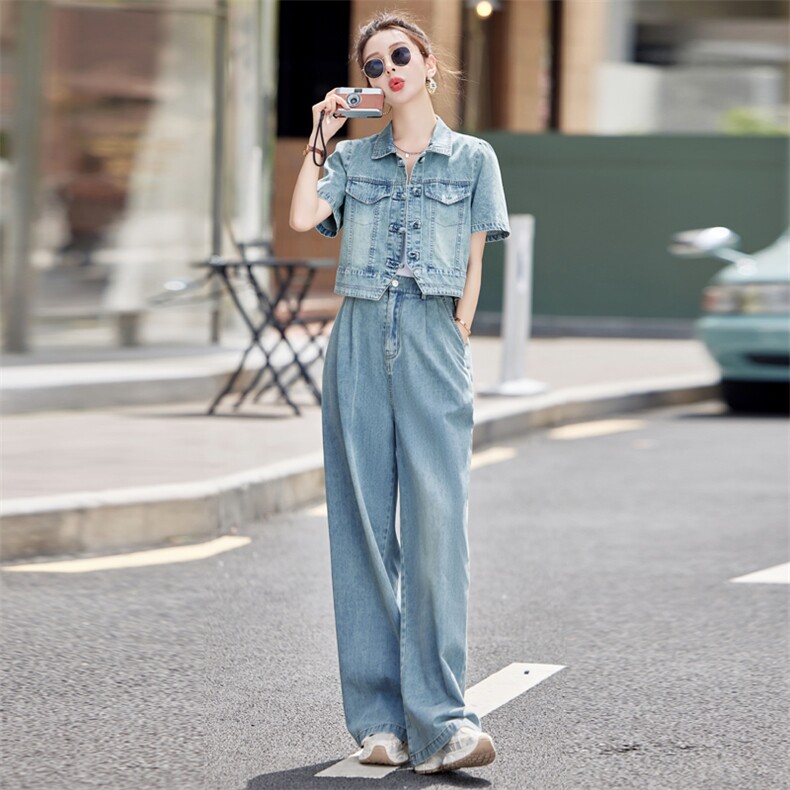 夏季新款时尚牛仔套装女2025年新中式直筒阔腿裤两件套遮肉显瘦潮,女装套装/套裙,瑶迪
