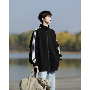 8XL-M三条杠运动卫衣特大码美式条纹立领夹克开衫外套JK5205/P65图片