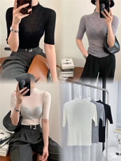 2025新款女套头珠片纱小立领修身中袖精纺超薄款半高针织打底衫，女装针织衫/毛衣，缘满羊绒