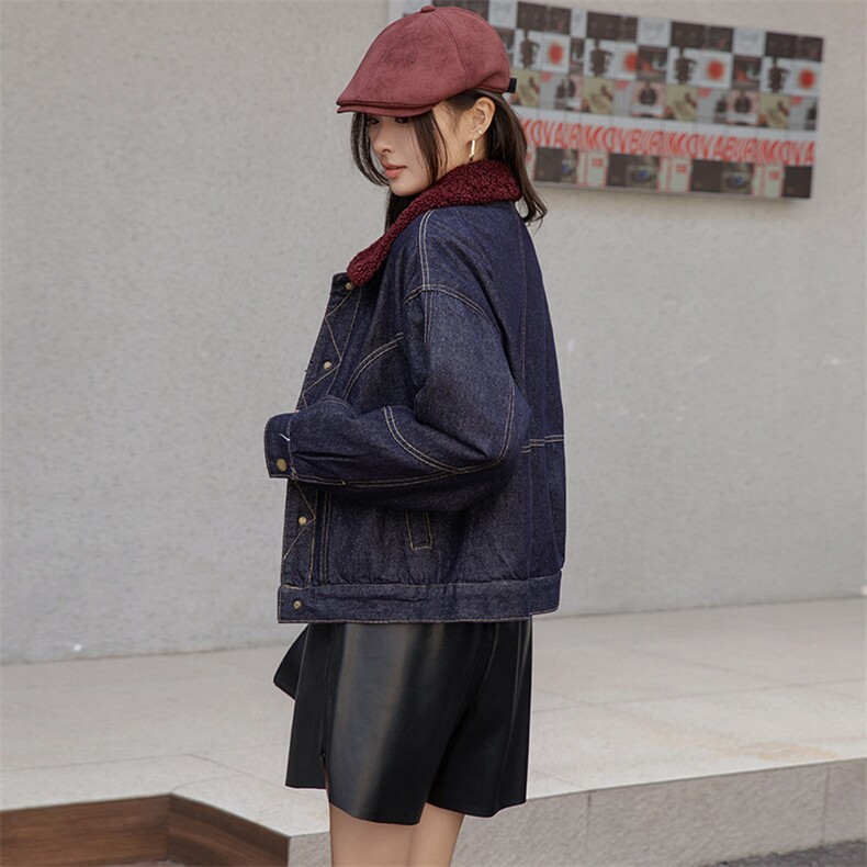 2024秋冬新款翻领潮流牛仔短外套女夹旅行出街夹棉保暖外套潮，女装牛仔外套，江南女神