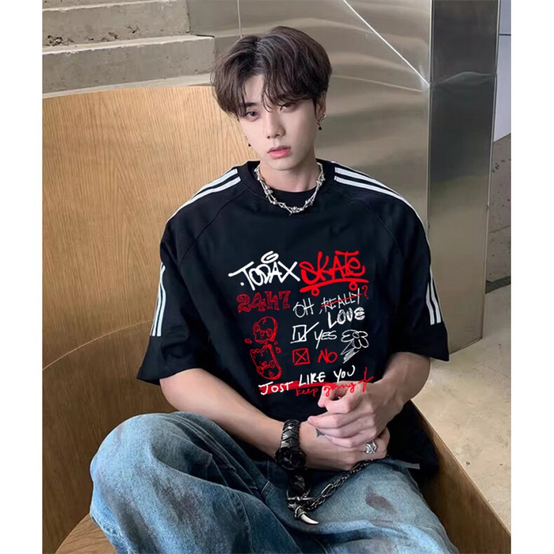 抖音得物高品质二开240克宽松纯棉美式潮牌三条杠织带短袖T恤，男装T恤，电商A486-1