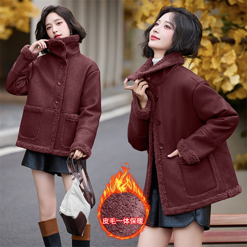 皮毛一体仿羊羔毛外套女短款2024新款秋冬季加绒机车服加厚皮夹克，女装羊羔毛/颗粒绒，潮流依族