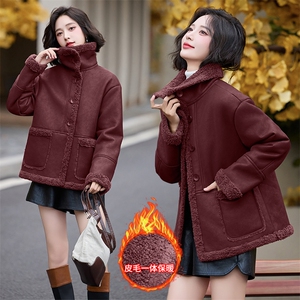 皮毛一体仿羊羔毛外套女短款2024新款秋冬季加绒机车服加厚皮夹克,女装羊羔毛/颗粒绒,潮流依族