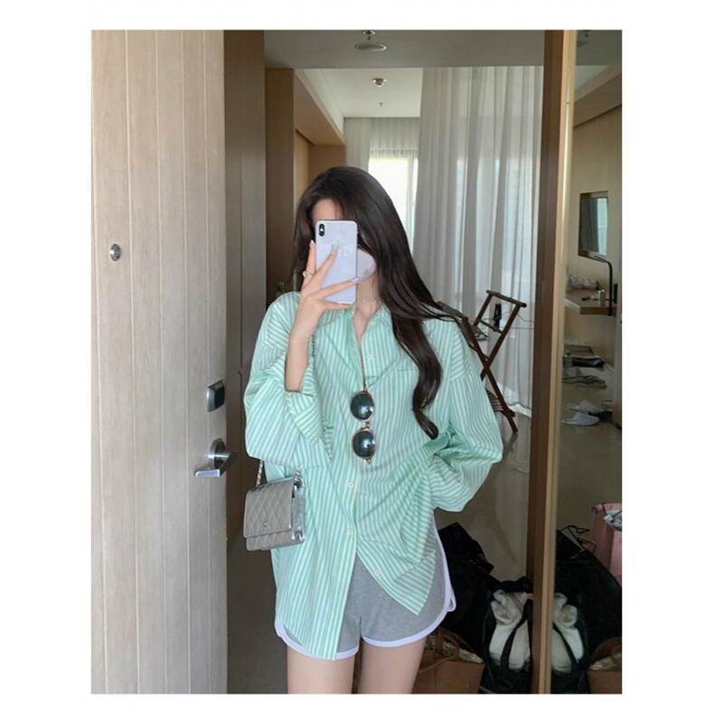 TC770-P45盐系甜美休闲少女穿搭绿色长袖条纹衬衫女宽松上衣,男装衬衫,星座617A-2