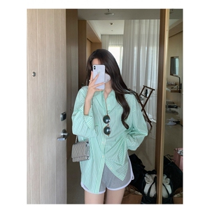 TC770-P45盐系甜美休闲少女穿搭绿色长袖条纹衬衫女宽松上衣