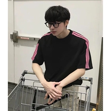 抖音得物品质二开240克宽松纯棉美式潮牌印花三条杠中性风短袖T恤，男装T恤，电商A486-1