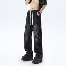 B221美式ins高街暗黑小众微喇破洞牛仔裤LK24184-P65控88，男装牛仔裤，电商B221