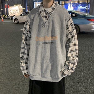 假两件男装格子新品拼接polo领卫衣春上衣服外套 现货 W385-P42图片