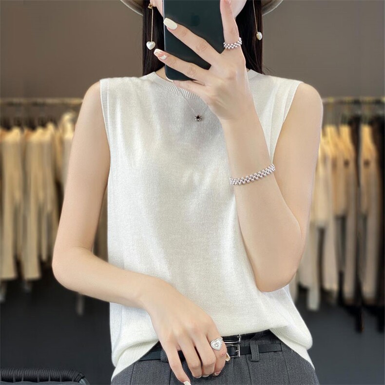 一线成衣短袖女圆领薄款纯色无袖软糯打底针织衫宽松T恤,女装背心吊带,暖烁羊绒