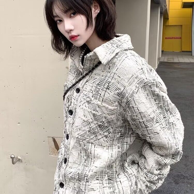 720-P50潮嘻哈小香风格子翻领外套男女秋季休闲百搭高级感,男装T恤,电商B323A