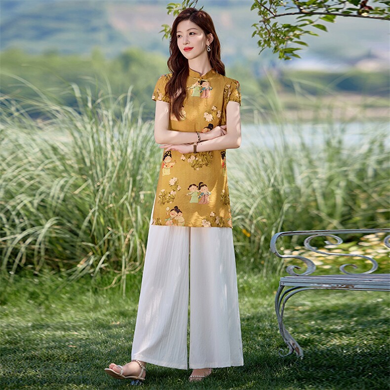四季青2025夏季新款盘扣印花短袖衬衫时尚阔腿长裤两件套女潮,女装套装/套裙,魅影